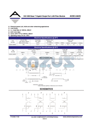 AGSC-2405S datasheet - 100/1000 Base T Gigabit Single Port LAN Filter Module