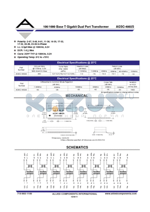 AGSC-4802S datasheet - 100/1000 Base T Gigabit Dual Port Transformer