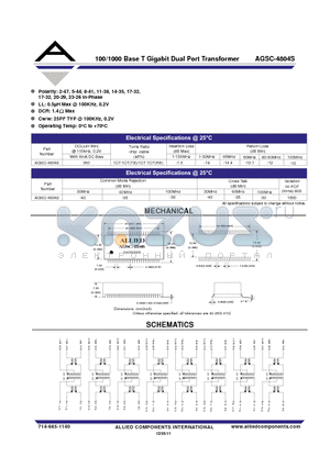 AGSC-4804S datasheet - 100/1000 Base T Gigabit Dual Port Transformer