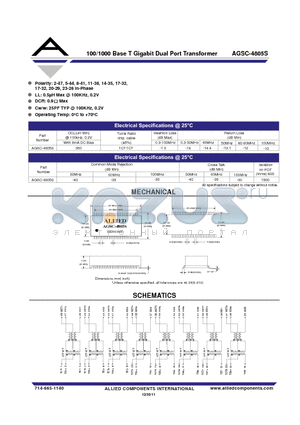 AGSC-4805S datasheet - 100/1000 Base T Gigabit Dual Port Transformer