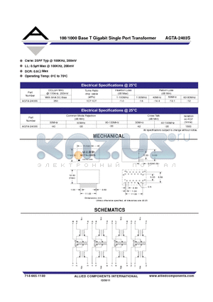 AGTA-2403S datasheet - 100/1000 Base T Gigabit Single Port Transformer