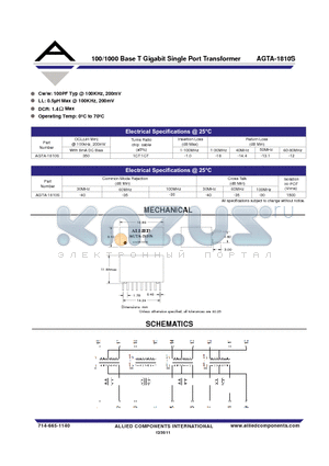 AGTA-1810S datasheet - 100/1000 Base T Gigabit Single Port Transformer