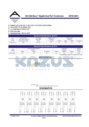 AGTA-4801I datasheet - 100/1000 Base T Gigabit Dual Port Transformer