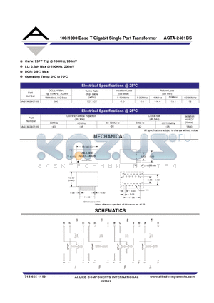 AGTA-2401BS datasheet - 100/1000 Base T Gigabit Single Port Transformer