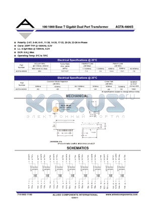AGTA-4806S datasheet - 100/1000 Base T Gigabit Dual Port Transformer