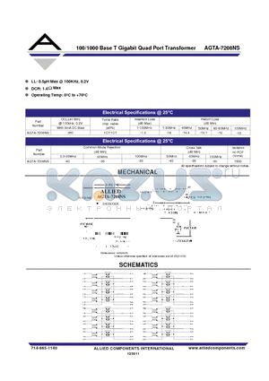 AGTA-7208NS datasheet - 100/1000 Base T Gigabit Quad Port Transformer