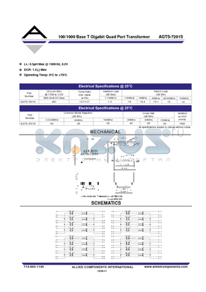 AGTS-7201S datasheet - 100/1000 Base T Gigabit Quad Port Transformer