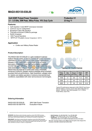 AGX-003135-030L00 datasheet - GaN HEMT Pulsed Power Transistor 3.1 - 3.5 GHz, 30W Peak, 500us Pulse, 10% Duty Cycle