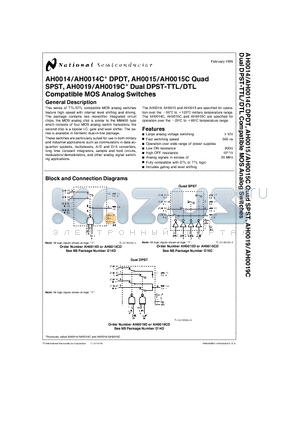 AH0014D datasheet - Dual DPST-TTL/DTL Compatible MOS Analog Switches