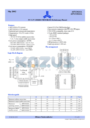 AS7C1024A-10JC datasheet - 5V/3.3V 128KX8 CMOS SRAM (Evolutionary Pinout)