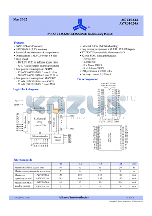 AS7C1024A-10TI datasheet - 5V/3.3V 128KX8 CMOS SRAM (Evolutionary Pinout)