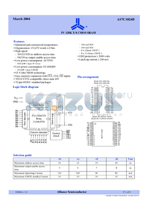 AS7C1024B-10JCN datasheet - 5V 128K X 8 CMOS SRAM