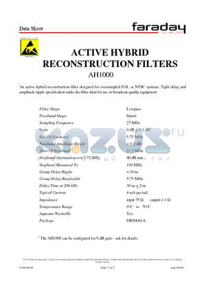 AH1000 datasheet - ACTIVE HYBRID RECONSTRUCTION FILTERS