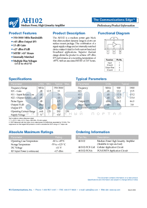 AH102-PCS datasheet - Medium Power, High Linearity Amplifier