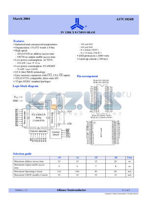 AS7C1024B-12STI datasheet - 5V 128K X 8 CMOS SRAM