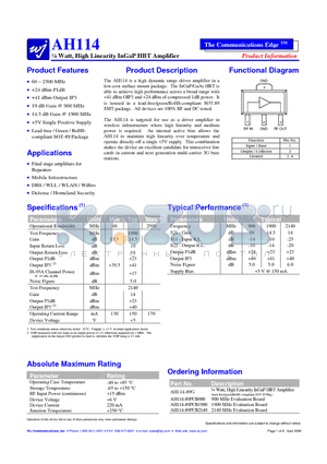 AH114 datasheet - l Watt, High Linearity InGaP HBT Amplifier