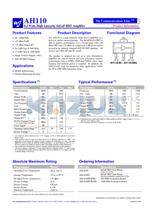 AH110-89PCB900 datasheet - 0.2 Watt, High Linearity InGaP HBT Amplifier