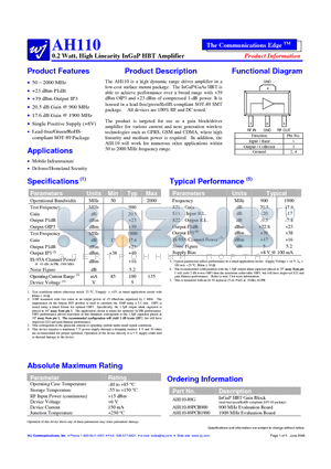 AH110 datasheet - 0.2 Watt, High Linearity InGaP HBT Amplifier