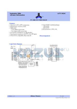 AS7C1024C datasheet - 5V 128K X 8 CMOS SRAM