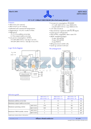 AS7C1025-12JC datasheet - 5V/3.3V 128K x8 CMOS SRAM (Revolutionary pinout)