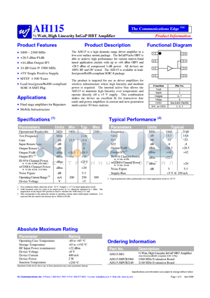 AH115 datasheet - m Watt, High Linearity InGaP HBT Amplifier