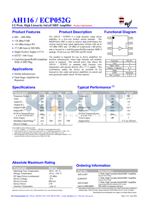 AH116-S8G datasheet - 1/2 Watt, High Linearity InGaP HBT Amplifier