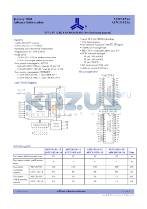 AS7C1025A-10TJC datasheet - 5V/3.3V 128K X 8 CMOS SRAM (Revolutionary pinout)