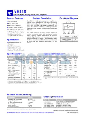 AH118-89PCB1900 datasheet - l Watt, High Linearity InGaP HBT Amplifier