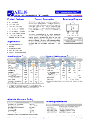 AH118-89PCB2140 datasheet - l Watt, High Linearity InGaP HBT Amplifier