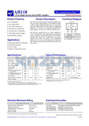 AH118-89PCB900 datasheet - 1/4 Watt, High Linearity InGaP HBT Amplifier