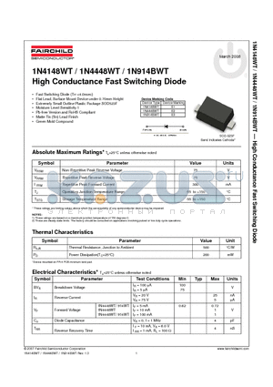 1N4448WT datasheet - High Conductance Fast Switching Diode