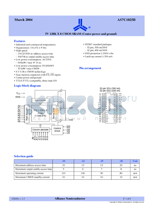 AS7C1025B-10TJCN datasheet - 5V 128K X 8 CMOS SRAM (Center power and ground)