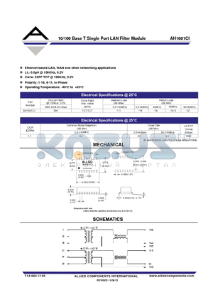 AH1601CI datasheet - 10/100 Base T Single Port LAN Filter Module