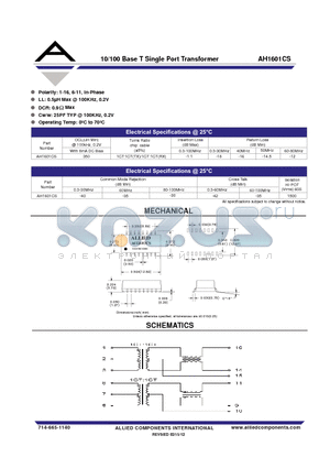 AH1601CS datasheet - 10/100 Base T Single Port Transformer
