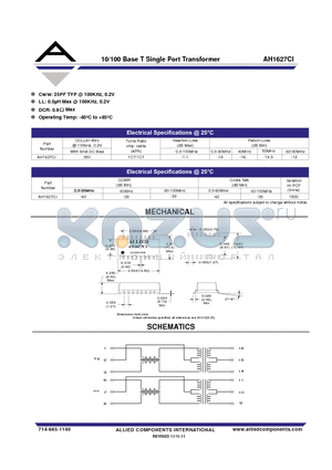 AH1627CI datasheet - 10/100 Base T Single Port Transformer