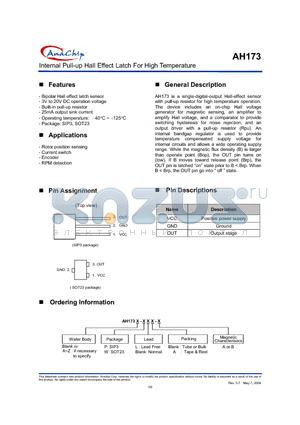 AH173PL-B datasheet - Internal Pull-up Hall Effect Latch For High Temperature