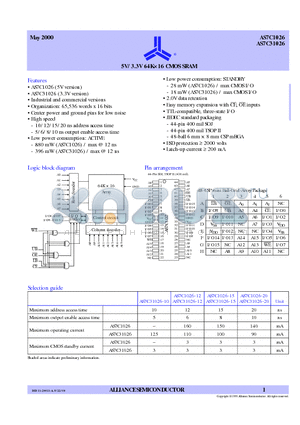 AS7C1026-20JC datasheet - 5V/3.3V 64Kx6 CMOS SRAM