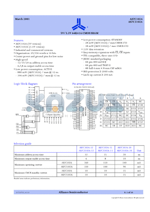 AS7C1026-20JC datasheet - 5V / 3.3V 64KX16 CMOS SRAM