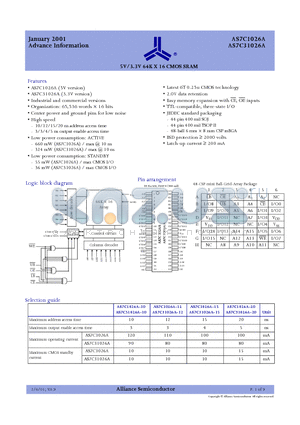 AS7C1026A-10 datasheet - 5V/3.3V 64K X 16 CMOS SRAM