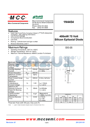 1N4454_12 datasheet - 400mW 75 Volt Silicon Epitaxial Diode