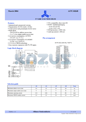 AS7C1026B-10JCN datasheet - 5 V 64K X 16 CMOS SRAM