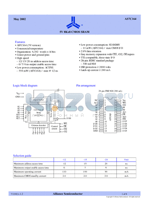 AS7C164-15JC datasheet - 5V 8K X 8 CMOS SRAM