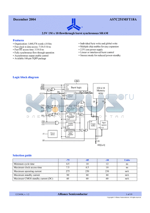 AS7C251MFT18A datasheet - 2.5V 1M x 18 flowthrough burst synchronous SRAM