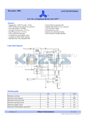 AS7C251MNTD18A-133TQC datasheet - 2.5V 1M x 18 Pipelined SRAM with NTD