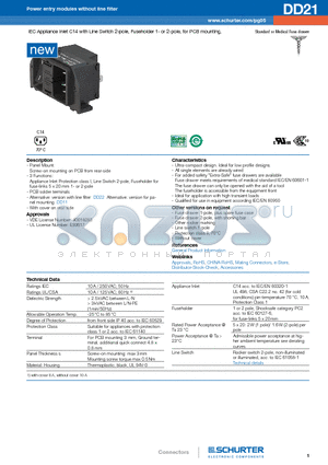 DD21.0114.1111 datasheet - IEC Appliance Inlet C14 with Line Switch 2-pole, Fuseholder 1- or 2-pole, for PCB mounting