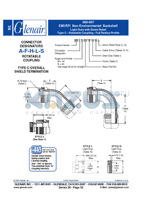 380FM007NF14 datasheet - EMI/RFI Non-Environmental Backshell Light-Duty with Strain Relief