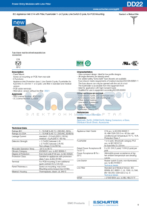 DD22.9121.1111 datasheet - IEC Appliance Inlet C14 with Filter, Fuseholder 1- or 2-pole, Line Switch 2-pole, for PCB Mounting