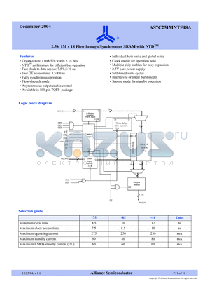 AS7C251MNTF18A-10TQC datasheet - 2.5V 1M x 18 Flowthrough Synchronous SRAM with NTD