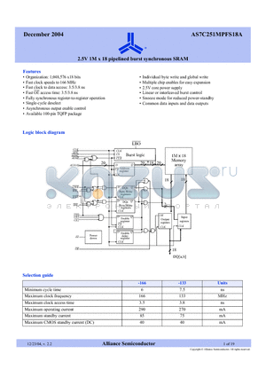 AS7C251MPFS18A-133TQCN datasheet - 2.5V 1M x 18 pipelined burst synchronous SRAM