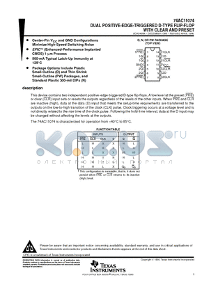 74AC11074PW datasheet - DUAL POSITIVE-EDGE-TRIGGERED D-TYPE FLIP-FLOP WITH CLEAR AND PRESET